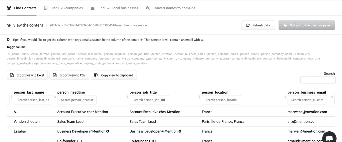 The Aries Leads contact finder showing an exported prospect list with job titles, locations and verified business email addresses.