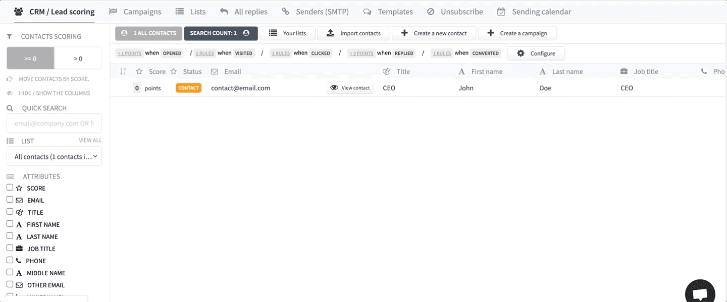 The Aries Leads CRM and lead scoring view with campaign filters for opened, visited, clicked, replied and converted contacts.